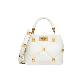 Valentino ROMAN STUD Soft Nappa Leather Quilting Shoulder Bag, Crossbody Bag, Handbag Trumpets Women's Ivory White