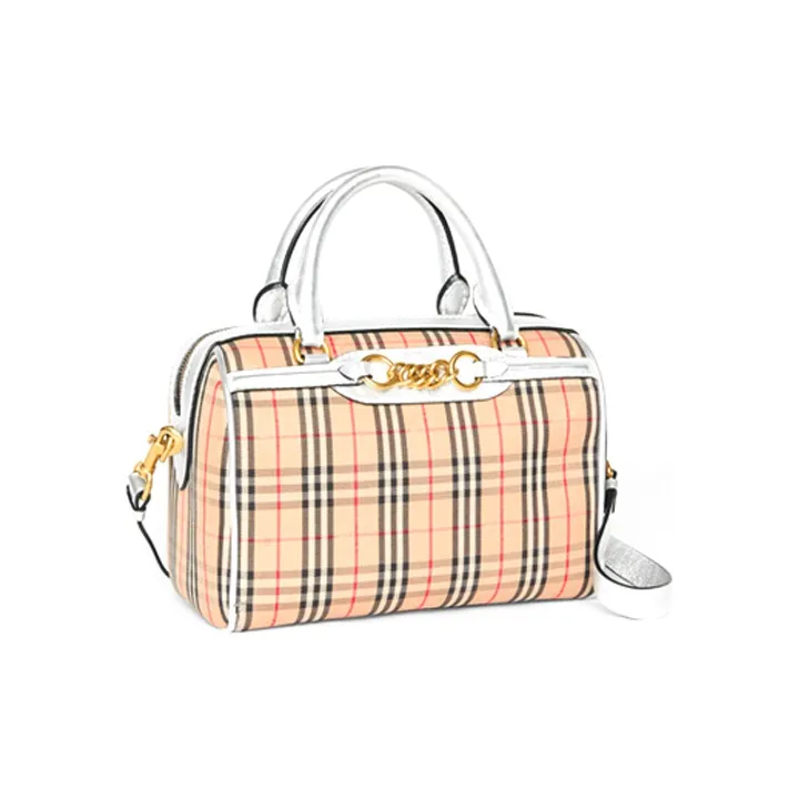 Burberry Leather Bowling Bag Handbag Shoulder Bag Crossbody Bag Small Size Women's Silver-2