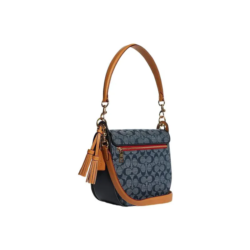 COACH Kleo Fabric With Cow Leather Saddle Bag, Shoulder Bag Medium Size Women's Denim Blue & Taupe-1