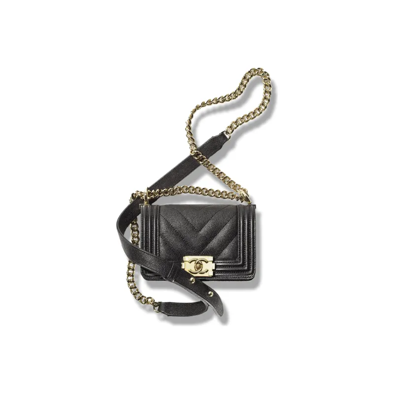 CHANEL Leboy V Grain Embossed Calfskin Flap Bag Handbag, Shoulder Bag, Crossbody Bag Mini Women's Black-0