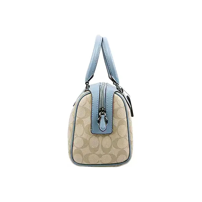 COACH Bennett Canvas Leather Boston Bag One Shoulder Handbag Crossbody Bag Medium Size Women's Sky Blue & Khaki-2