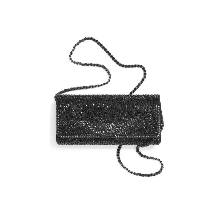 CHANEL Rhinestone Lambskin Coin Purse, Handheld Bag, Shoulder Bag, Crossbody Bag Women's Black-0