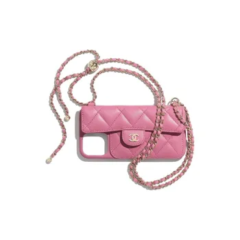CHANEL Sheepskin & Metal Cell Phone Pouch Unisex Pink