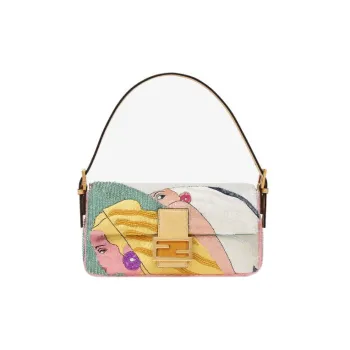 FENDI Baguette Satin Polyester Shoulder Bag Handbag Medium Size Women's Yellow/Multicolor