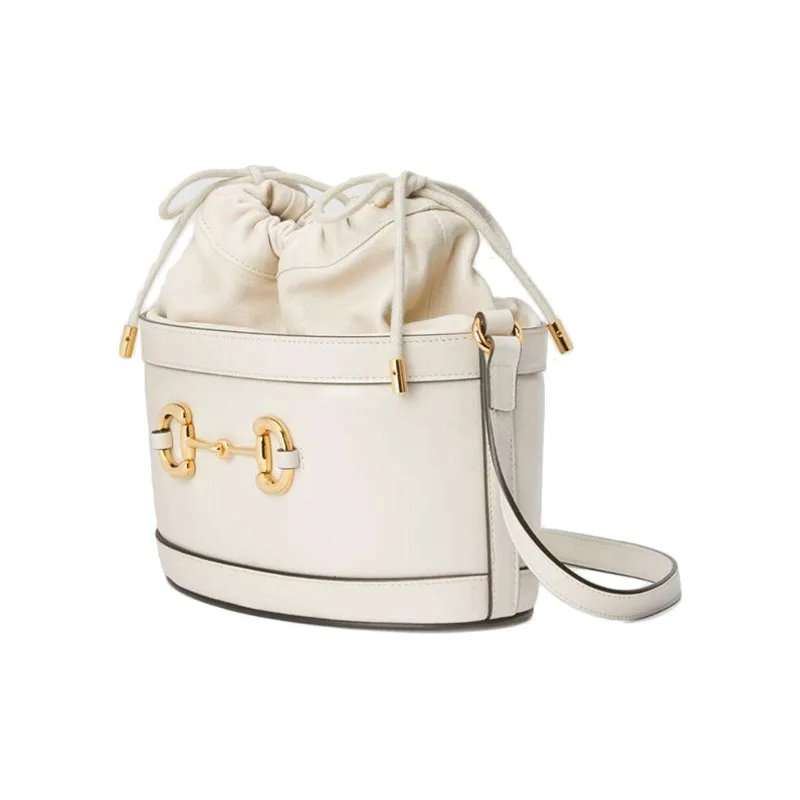 GUCCI Horsebit 1955 Leather Bucket Bag, Shoulder Bag, Crossbody Bag Women's White-8