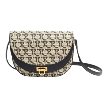 FERRAGAMO GANCINI Fabric With Cow Leather Shoulder Bag Crossbody Bag Women's Sand/Black