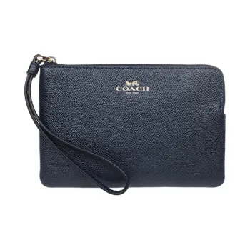 COACH Corner Zip Cross Grain Leather Coin Purse Wrist Bag Clutch Mini Women's Navy Blue