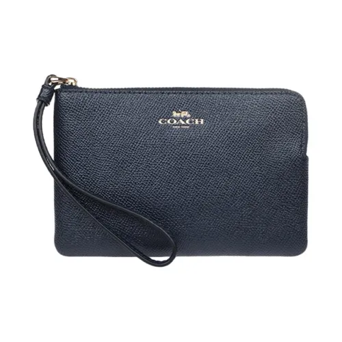 COACH Corner Zip Cross Grain Leather Coin Purse Wrist Bag Clutch Mini Women's Navy Blue