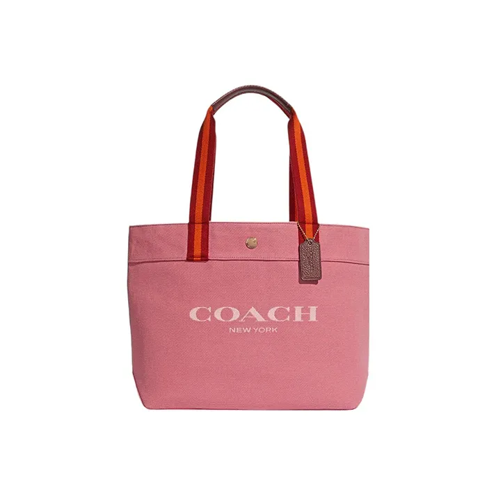 COACH Canvas With Pebbled Leather Tote Bag, Shopping Bag, Shoulder Bag Women's Toffee Pink & Gold-0