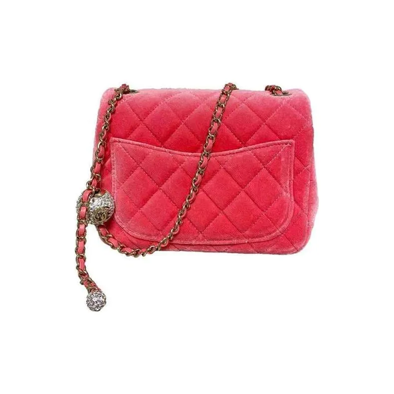 CHANEL Classic Flap CF Velour Mini Square Flap Bag, Shoulder Bag, Crossbody Bag Women's Coral Pink-1