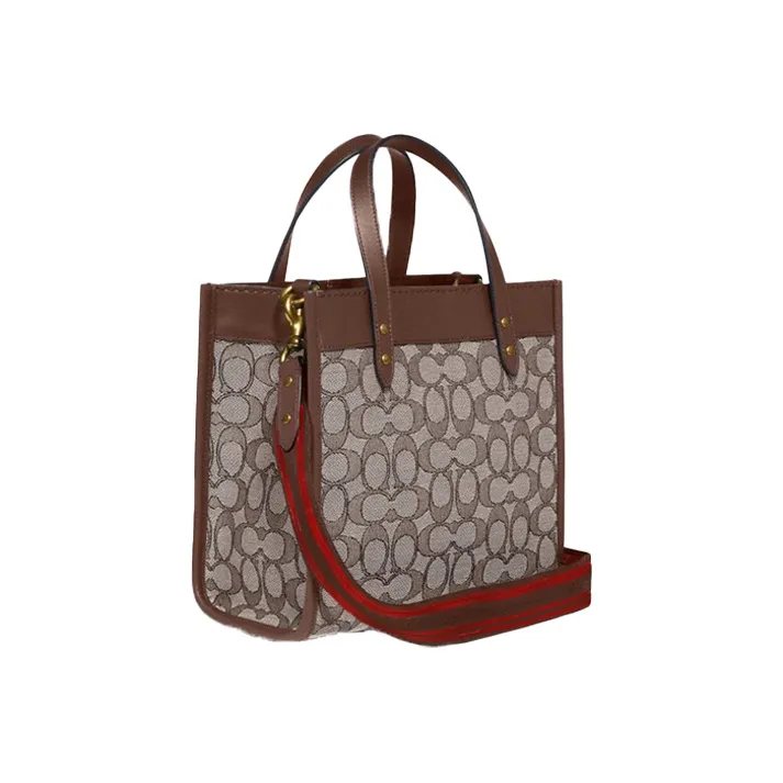COACH Field Canvas With Leather Canvas Bag Commute Versatile Paper Bag Tote Crossbody Handbags Small Size Women's Brown-1