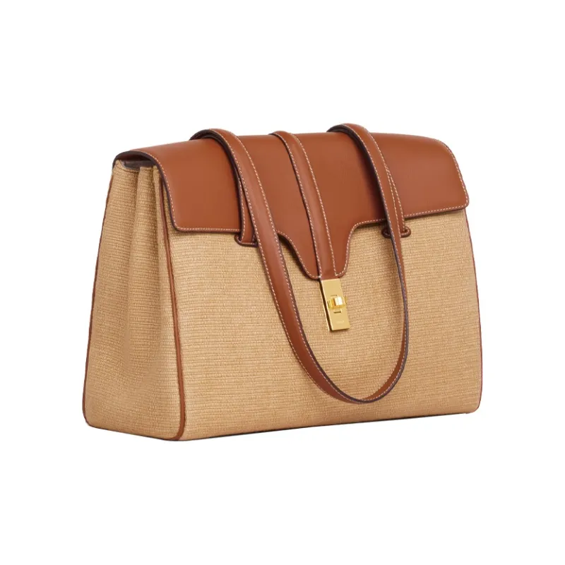 CELINE 16 Textile Cow Leather Handbag Shoulder Bag Tote Medium Size Women's Beige/Tan-2