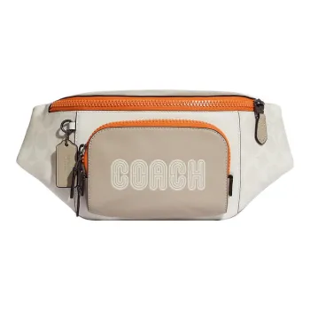 COACH Track Canvas With Calfskin Fanny Pack Large Size Men's White & Orange & Milk Tea Brown