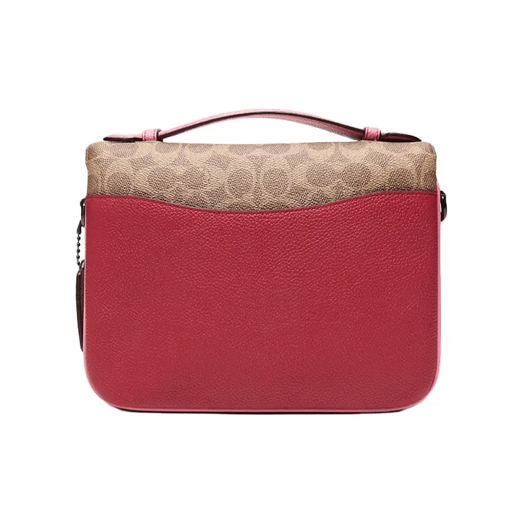 COACH Cassie Canvas With Leather Messenger Bag Handbag Shoulder Bag Crossbody Bag Medium Size Women's Brown Yellow/Red-3