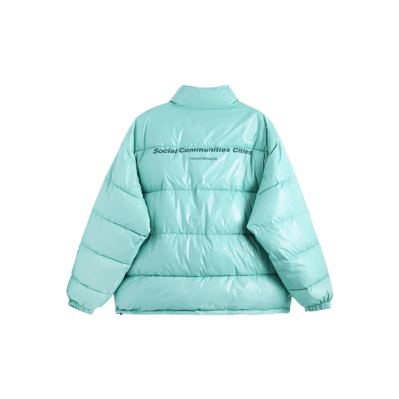F426 Letter Solid Color Shiny Stand Collar Loose Fit Puffer Jacket Unisex-11