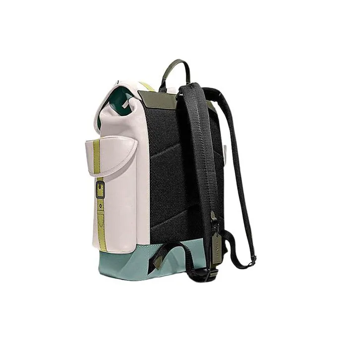 COACH Cow Leather Patchwork With Fabric Laptop Bag Travel Bag Backpack Large Size Men's White Green Multicolor-1