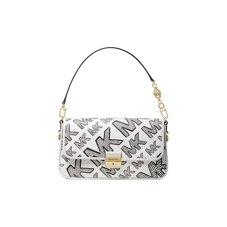 MICHAEL KORS Bradshaw Cow Leather Shoulder Bag, Baguette Bag, Shoulder Bag Trumpets Women's Black White-0