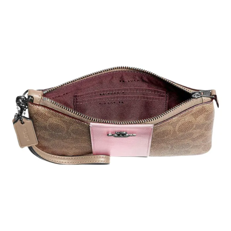 COACH Cow Leather Mahjong Box Clutch Wrist Bag Small Size Women's Khaki & Pink-1