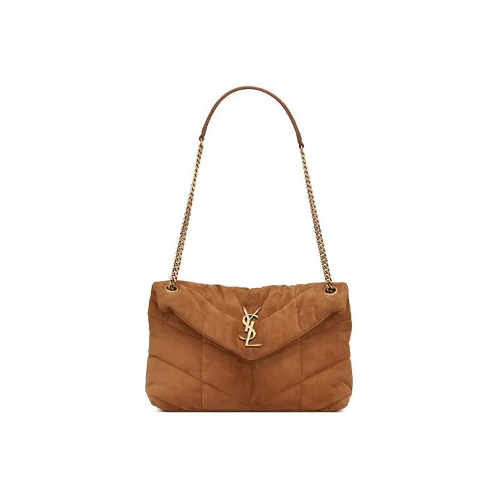 SAINT LAURENT PUFFERLOULOU Suede Cloud Bag Pillow Bag Crossbody Bag Shoulder Bag Small Size Women's Cinnamon-0