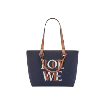 LOEWE Anagram Wool/Calfskin Tote Bag, Shopping Bag, Shoulder Bag, Handbag Women's Marine Blue/Tan