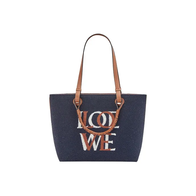 LOEWE Anagram Wool/Calfskin Tote Bag, Shopping Bag, Shoulder Bag, Handbag Women's Marine Blue/Tan-0