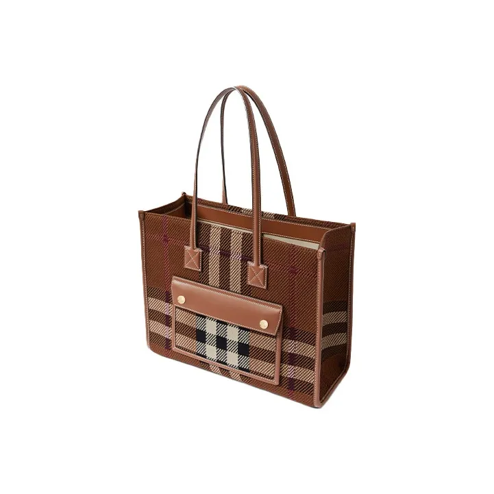 Burberry Freya Calfskin Patchwork Fabric Tote Bag Shopping Bag Shoulder Bag Handbag Small Size Women's Birch Brown-2