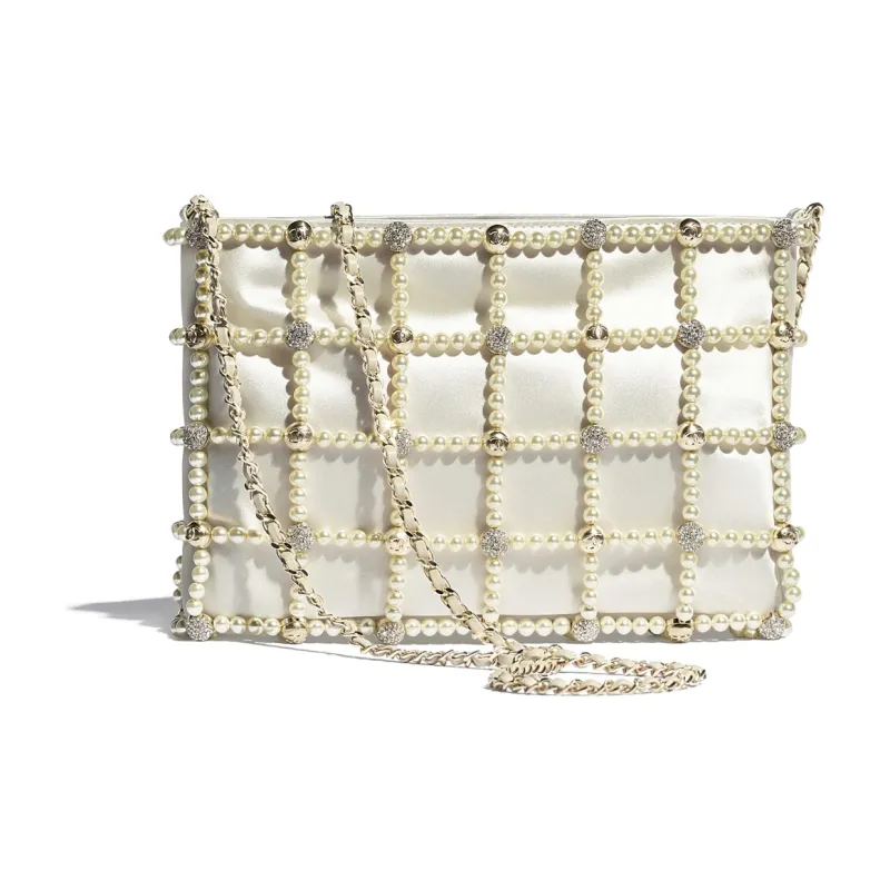 CHANEL Satiny Glass Pearl And Gold Metal Clutch Women's White-1