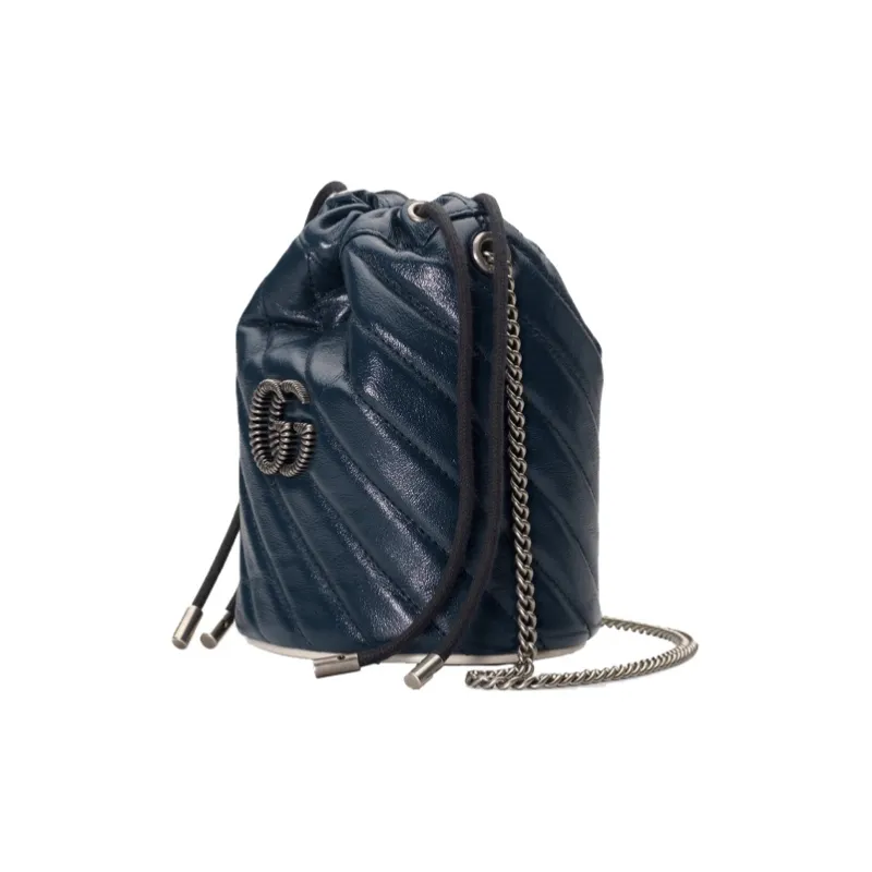 GUCCI GG Marmont Quilted Leather Bucket Bag, Shoulder Bag, Crossbody Bag Mini Women's Blue/White-2