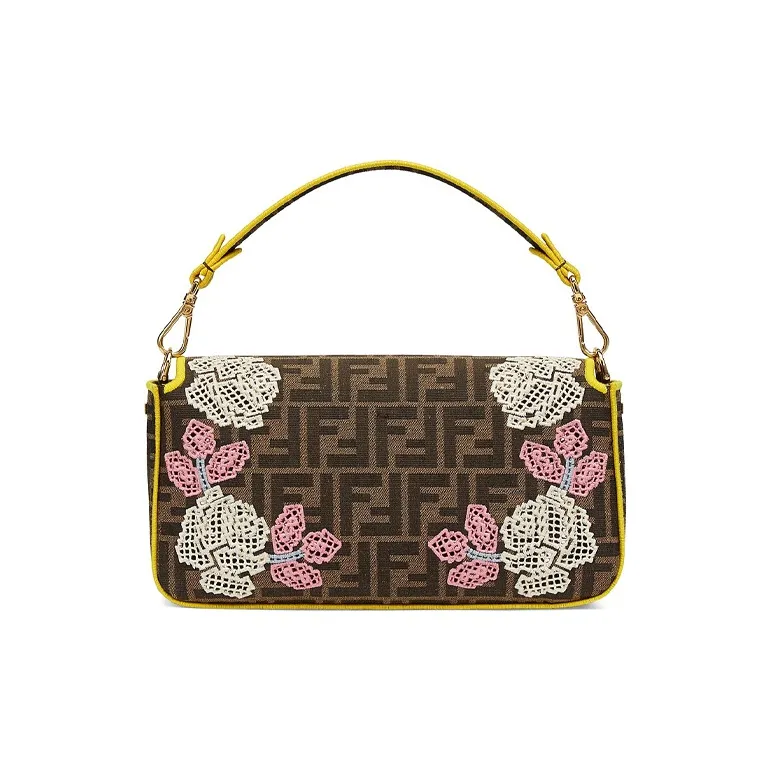 FENDI Baguette Jacquard Canvas Baguette Bag Portable Crossbody Bag Shoulder Bag Women's Brown/Yellow-2
