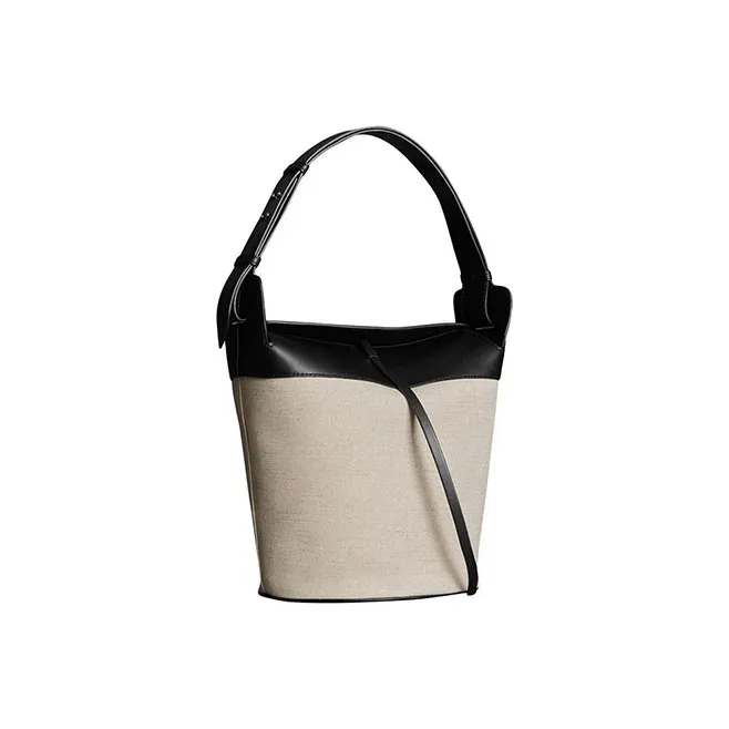Burberry Cotton-Linen Blend With Leather Bucket Bags Shoulder Bag Crossbody Bag Handbag Women's Black/Beige-1