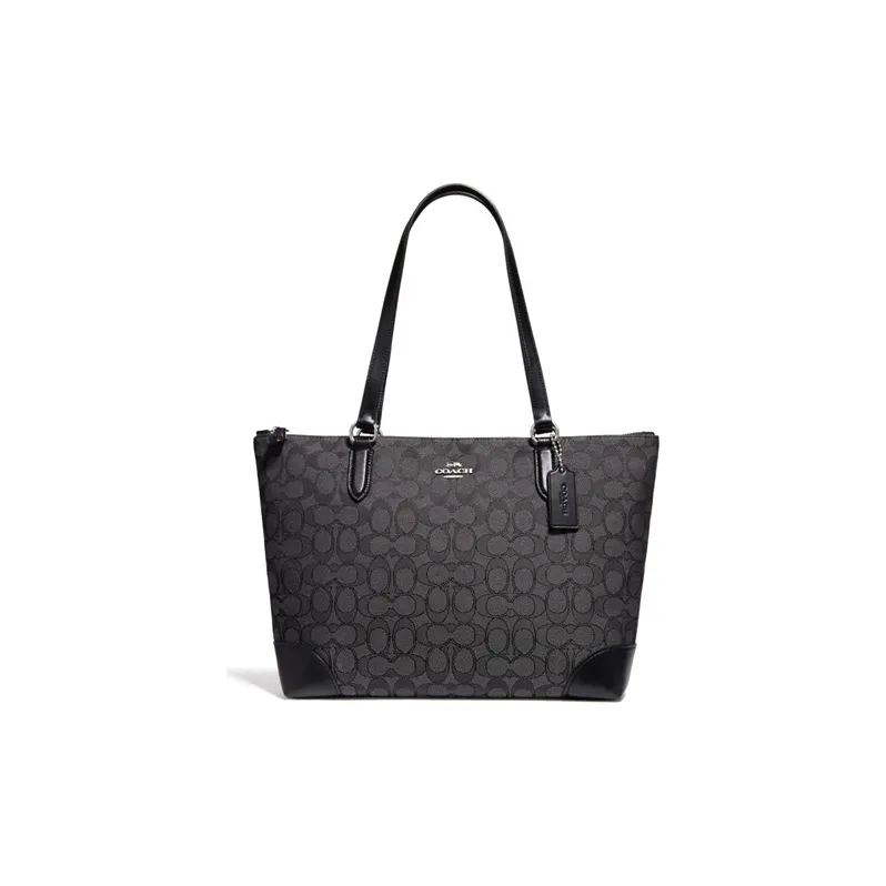 COACH Zip Top Tote Canvas With Leather Dumpling Bag Tote Bag Shopping Bag Handbag Shoulder Bag Women's Gray Black-0