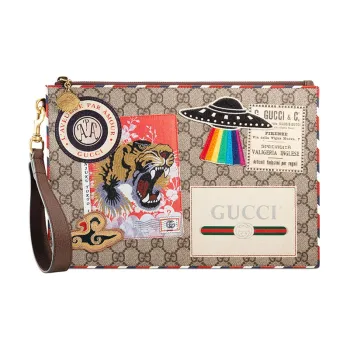 GUCCI Canvas With Leather Clutch Men's Beige/Ebony