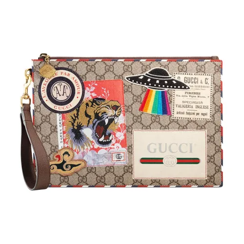 GUCCI Canvas With Leather Clutch Men's Beige/Ebony