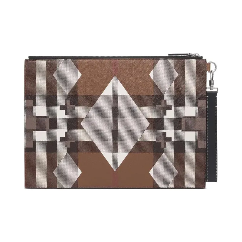Burberry Large Geometric Check And Leather Zip Pouch 'Dark Birch Brown'-2