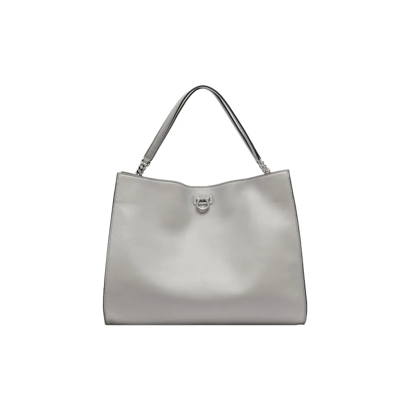 FERRAGAMO Trifolio Cow Leather Tote One Shoulder Handbag Women's Light Gray-0
