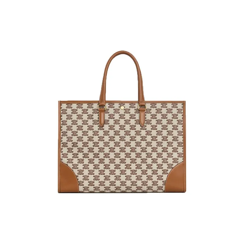 CELINE Triomphe Cow Leather With Fabric Tote Bag Shopping Bag Handbag Women's Brown-2