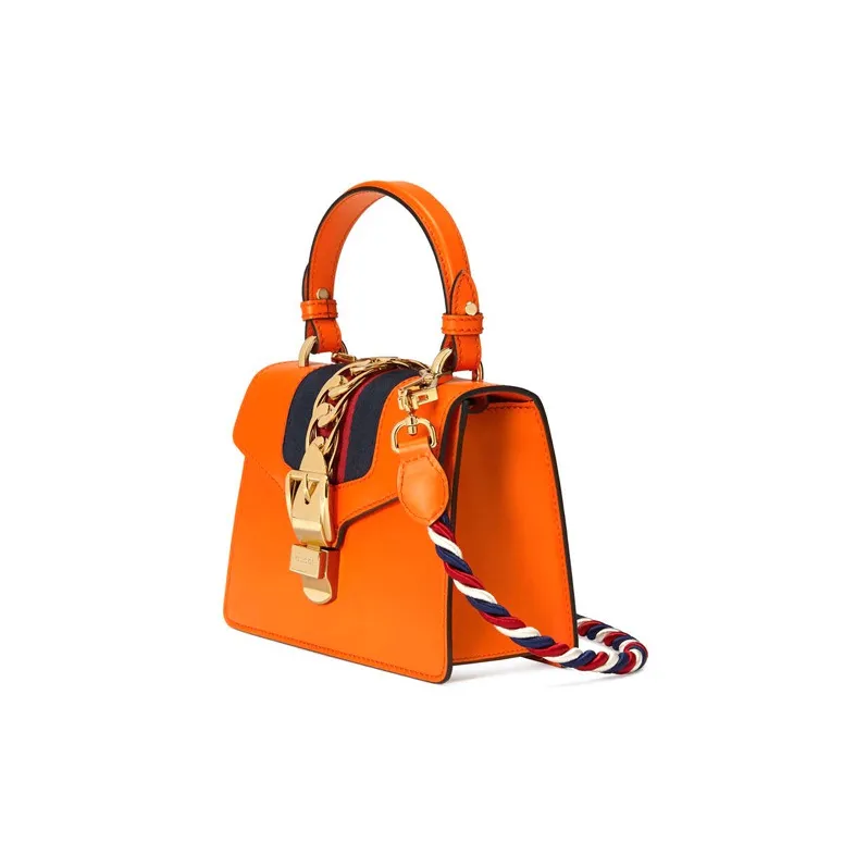 GUCCI Sylvie Leather Shoulder Bag Crossbody Bag Handbag Mini Women's Orange-2