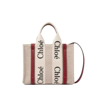 Chloe Woody Cow Leather Tote Bag Shopping Bag Shoulder Bag Handbag Small Size Women's Beige/Smoky Red