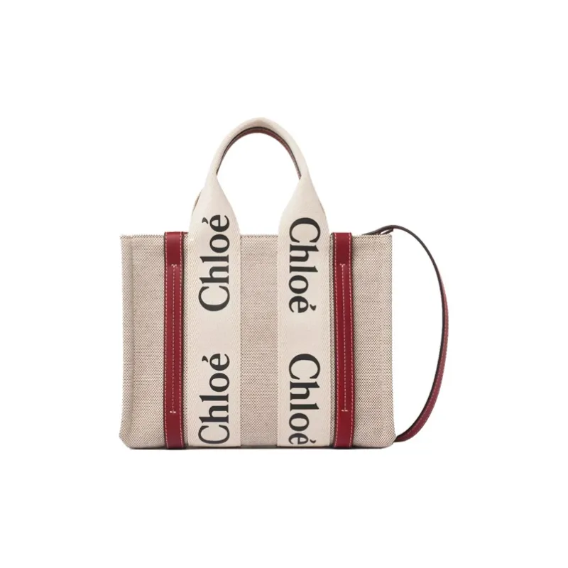 Chloe Woody Cow Leather Tote Bag Shopping Bag Shoulder Bag Handbag Small Size Women's Beige/Smoky Red-0