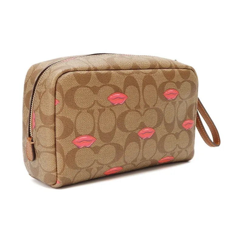COACH Boxy Artificial Leather PVC Makeup Bag Small Size Women's Khaki Red Lip Print-3