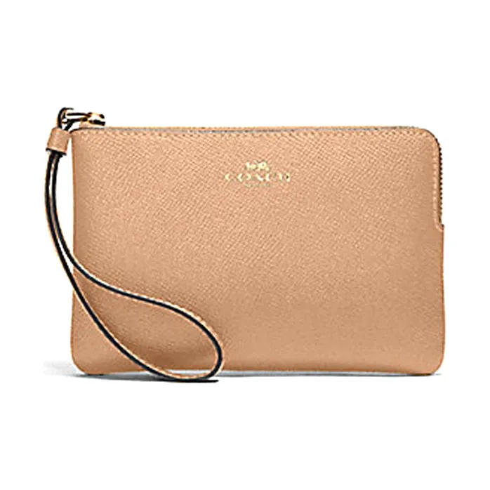 COACH Corner Zip Leather Wrist Bag, Coin Purse, Pochette, Clutch Women's Milk Tea-0
