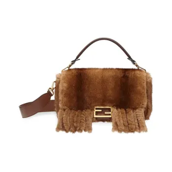 FENDI Baguette Mink Fur Blended With Lambskin Baguette Bag Handbag Shoulder Bag Crossbody Bag Medium Size Women's Brown