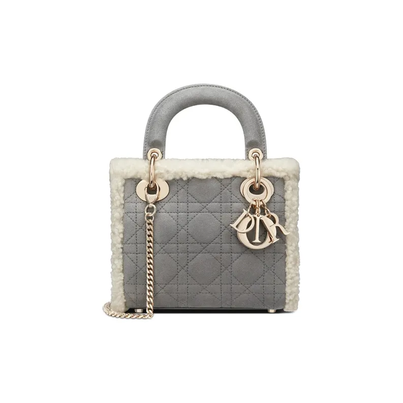 DIOR Lady Dior Shearling Chain Bag With Three Compartments Dai Fei Shoulder Handbag Mini Women's Gray-0