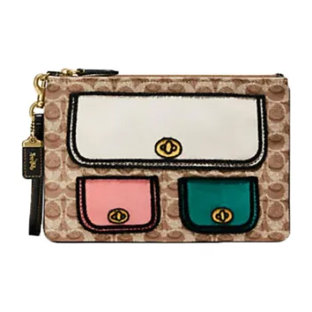 COACH TurnlockPouch Canvas Clutch Large Size Women's Brown