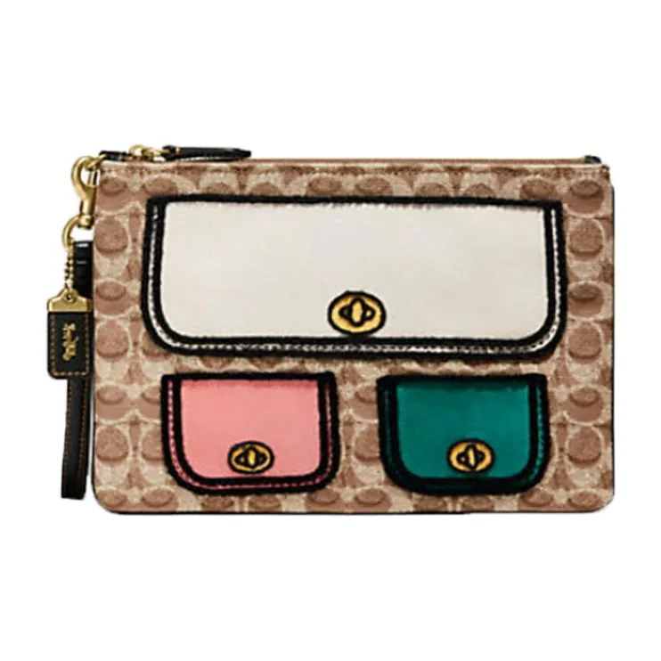 COACH TurnlockPouch Canvas Clutch Large Size Women's Brown-0