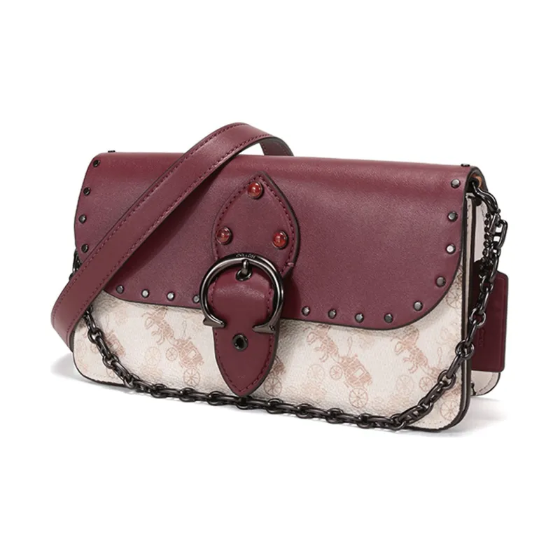 COACH Leather Chain Bag Shoulder Bag Small Size Women's Burgundy Chalk White-1