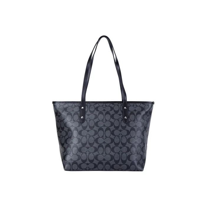 COACH City Zip Tote Canvas With Leather Tote Bag, Shopping Bag, Handbag, Shoulder Bag Women's Black-2