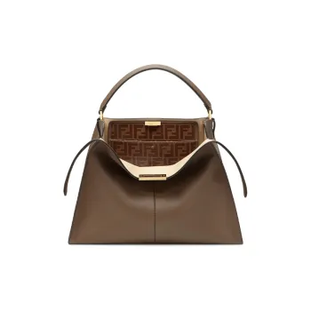 FENDI Peekaboo Cowhide Leather Handbag Large Size Women's Brown