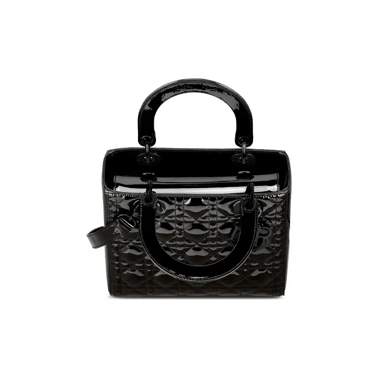 DIOR Lady Dior Shiny Patent Leather Cow Leather One Shoulder Handbag Crossbody Bag Medium Size Women's Pure Black-2