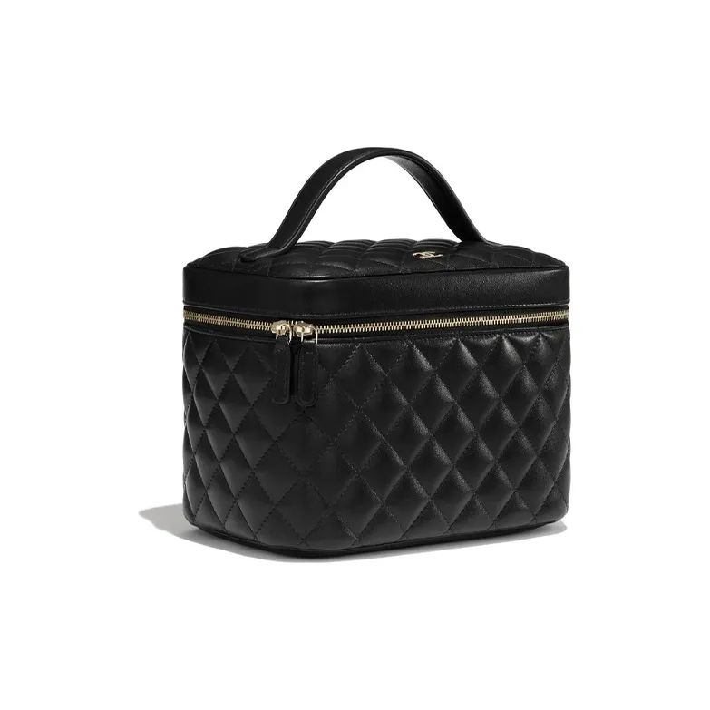 CHANEL Diamond Pattern Lambskin Box Bag With Lid Portable Makeup Bag Women's Black-1